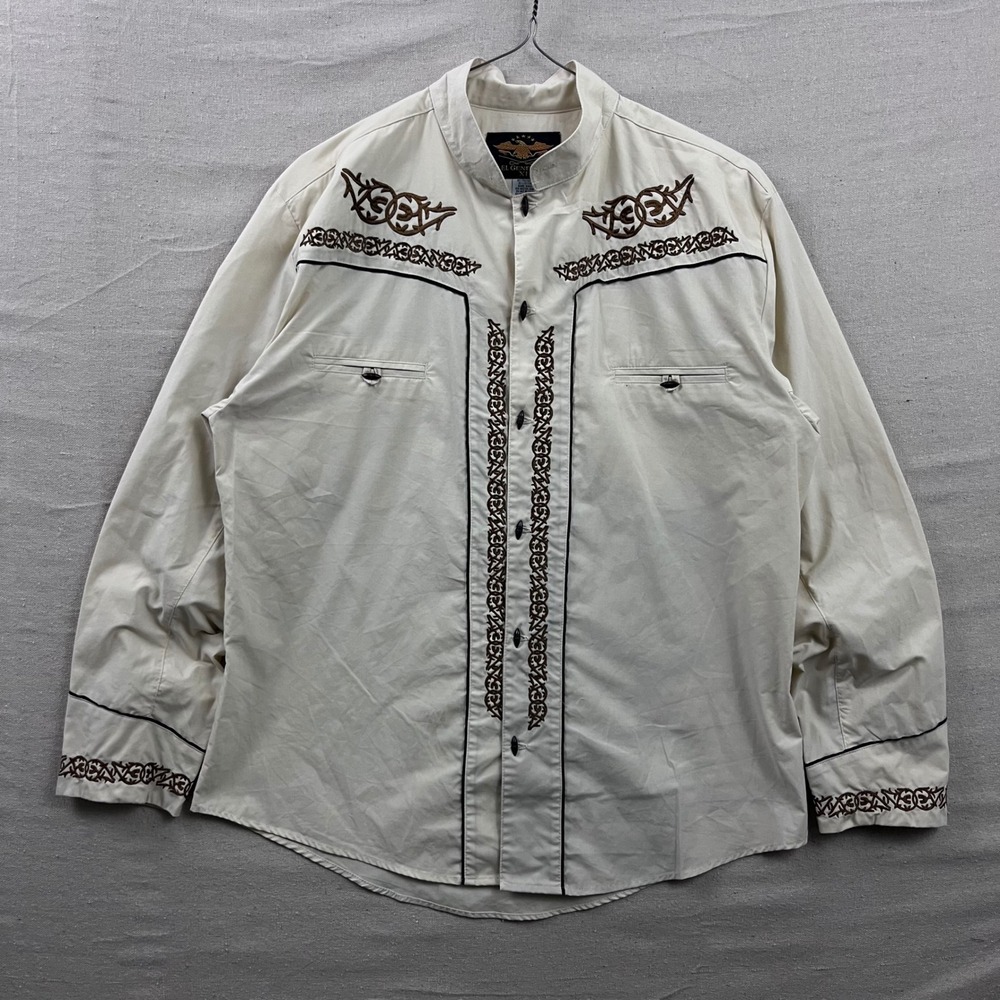 El General Western Shirt Mens XL Cream Brown Embroidered Vaquero Mandarin Collar